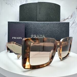 New PRADA Sunglasses Brown Beige Caramel Tortoise Gold Symbole Womens Rectangle